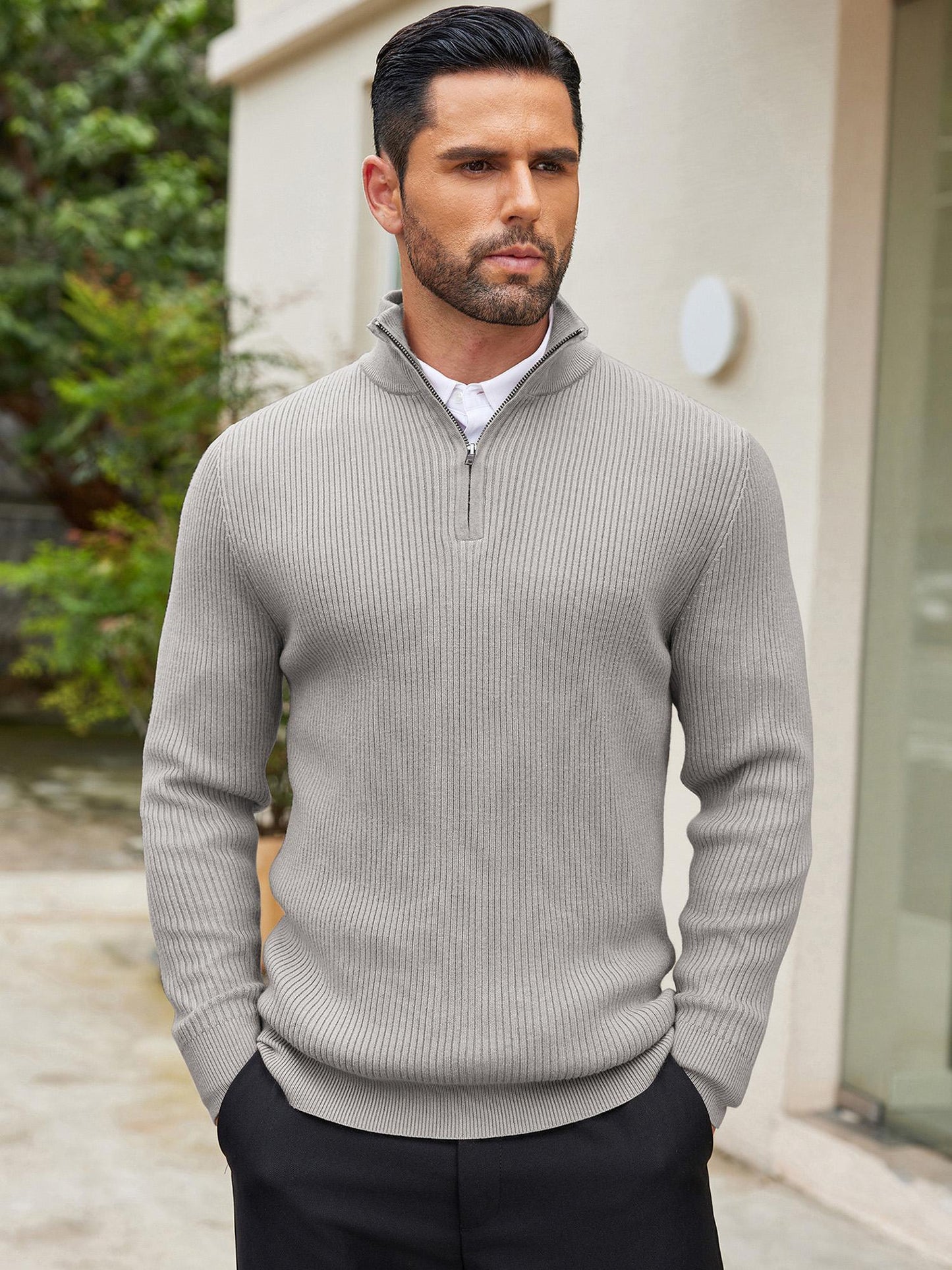 Men's Quarter Zip Sweaters Slim Fit Mock Neck Pullover Sweater Lightweight Knitted Polo Sweaters