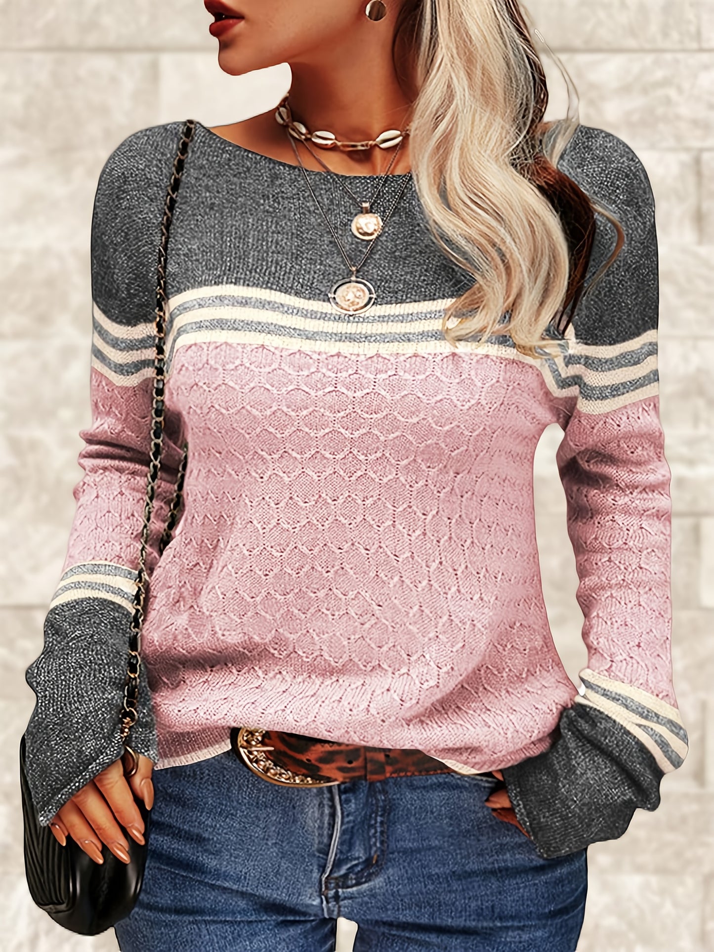 Women Autumn Winter Colorblock Pullover Sweaters Round Neck Striped Slim Fitting Knitwear Tops