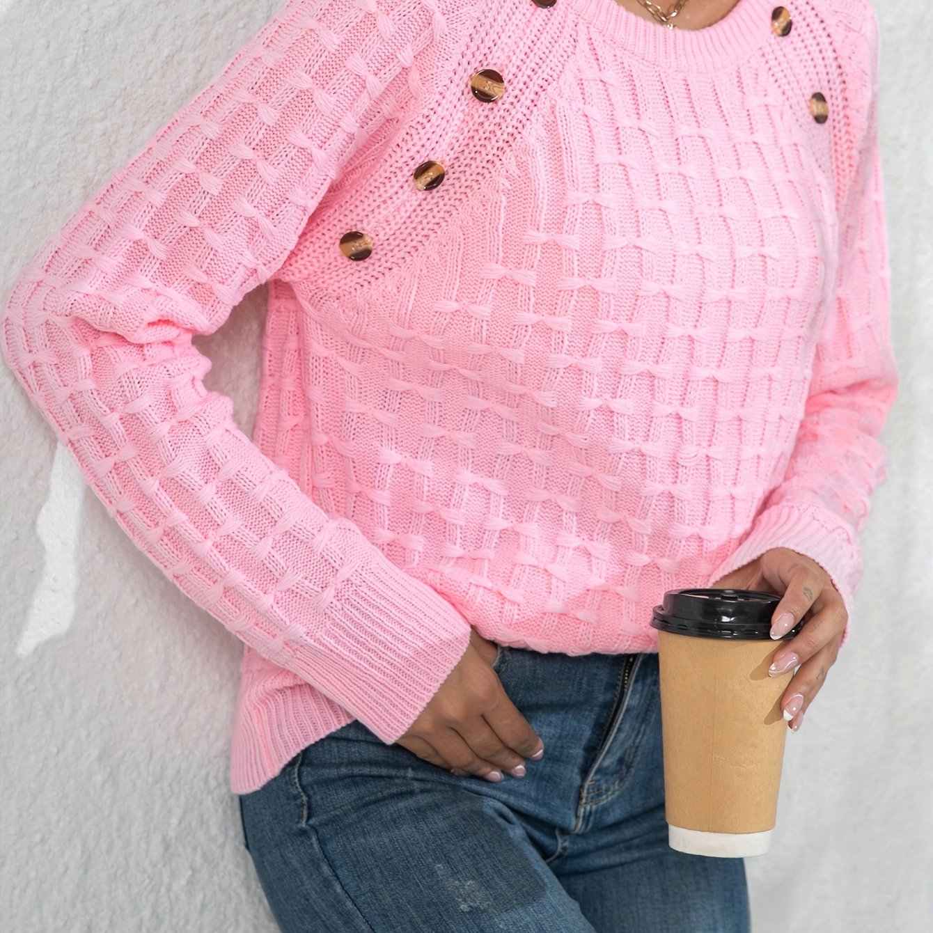 Women's Elegant 3D Bow Button Detail Sweater - Soft Long Sleeve Round Neck Pullover, Solid Color Regular Fit Fall Winter Cozy Top, Cute Sweaters