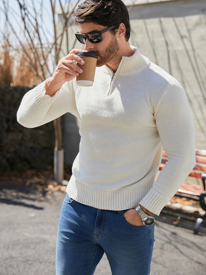 Men's Casual Zip-Up High Neck Sweater - Long Sleeve, Stretch Knit Pullover in Light Color, Machine Washable for Fall/Winter, Plus Size Sweaters