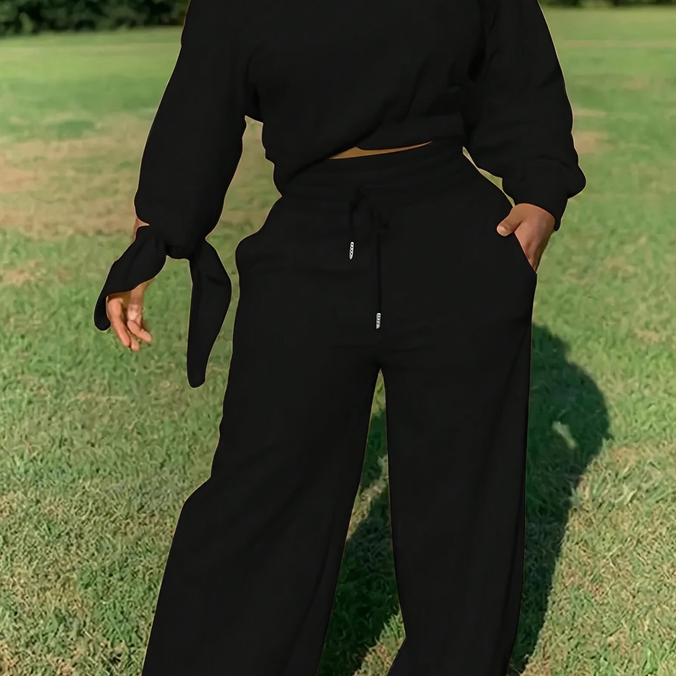 Women'S Solid Color Casual 2pcs Set, Women'S Spring And Autumn Casual Asymmetry, Drawstring, Pocket Three-quarter Length Sleeve Loose Black Bat Sleeve Sweatshirt Sweatpants Women'S Two-piece Outfit, Casual Everyday Wear