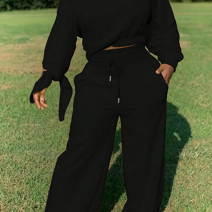 Women'S Solid Color Casual 2pcs Set, Women'S Spring And Autumn Casual Asymmetry, Drawstring, Pocket Three-quarter Length Sleeve Loose Black Bat Sleeve Sweatshirt Sweatpants Women'S Two-piece Outfit, Casual Everyday Wear