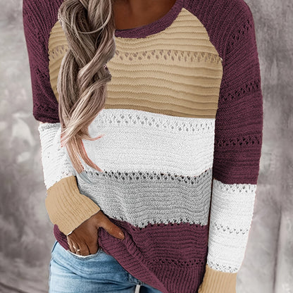 Women's Casual Striped Color-Block Pullover Sweater - Semi-Sheer Round Neck Spring/Fall Top with Green/White/Gray Stripes, Hand Wash or Dry Clean, Cute Sweaters