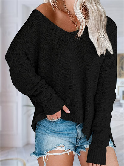 Women's Off Shoulder Knit Sweaters Oversized V Neck Long Sleeve Loose Lightweight Pullover Tops