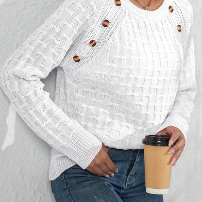 Women's Elegant 3D Bow Button Detail Sweater - Soft Long Sleeve Round Neck Pullover, Solid Color Regular Fit Fall Winter Cozy Top, Cute Sweaters