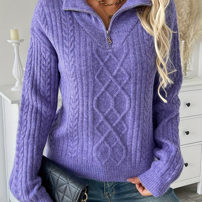 Women's Stylish Purple Cable Knit Sweater with Half-Zip Detail - Soft Ribbed Collar, Long Sleeve, Warm & Cozy for Fall/Winter Casual Outfits, Casual Winter Wear | Textured Neckline | Acrylic Fabric, Cute Sweaters