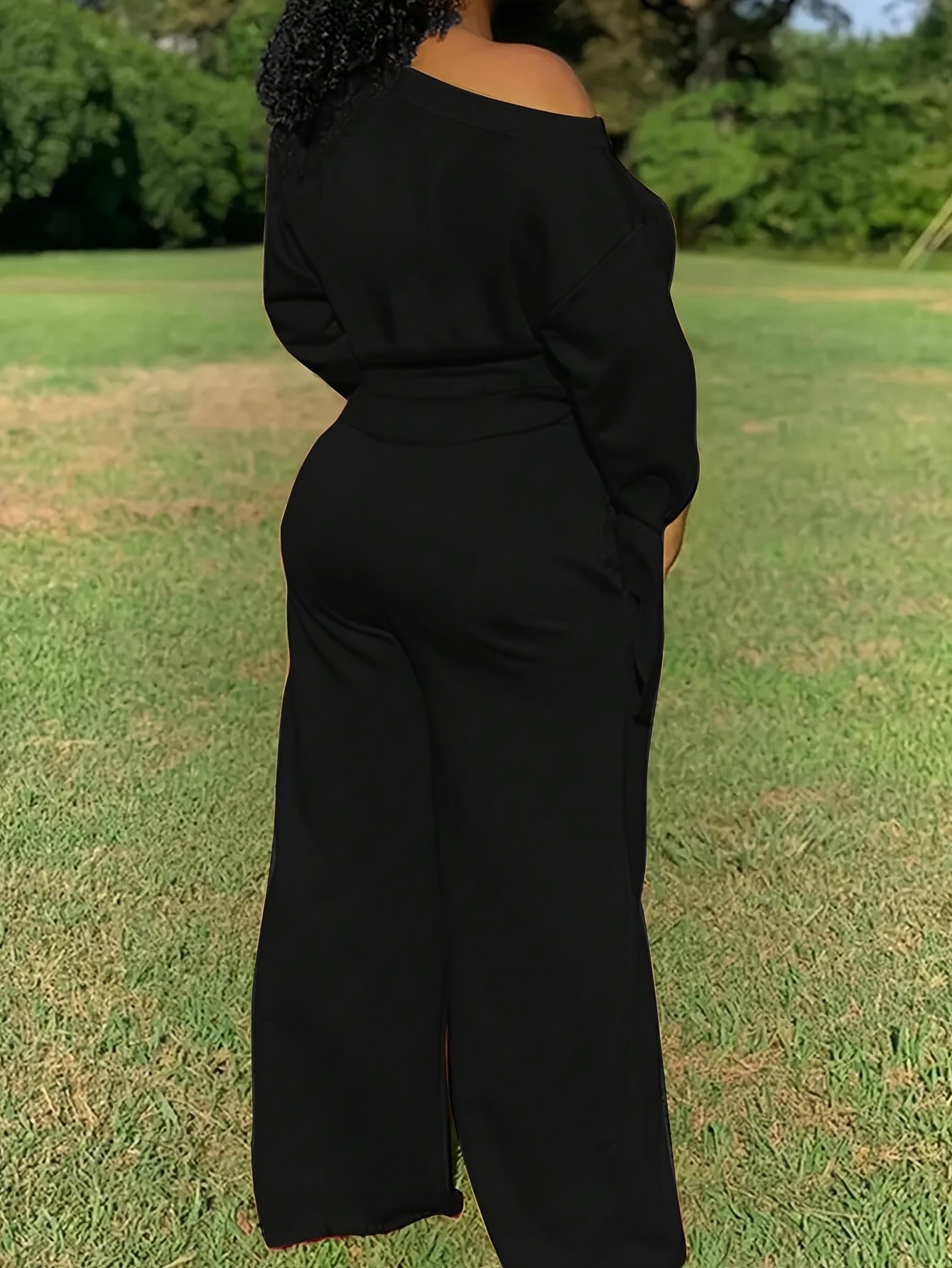 Women'S Solid Color Casual 2pcs Set, Women'S Spring And Autumn Casual Asymmetry, Drawstring, Pocket Three-quarter Length Sleeve Loose Black Bat Sleeve Sweatshirt Sweatpants Women'S Two-piece Outfit, Casual Everyday Wear