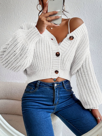 Women's Casual Button-Front Open Collar Sweater with Lantern Sleeves - High Elasticity Drop Shoulder Pullover, Solid Color Fall Winter Knit Top for Casual Attire, Casual Winter Wear | Buttonfront Cardigan | Soft Texture Sweat