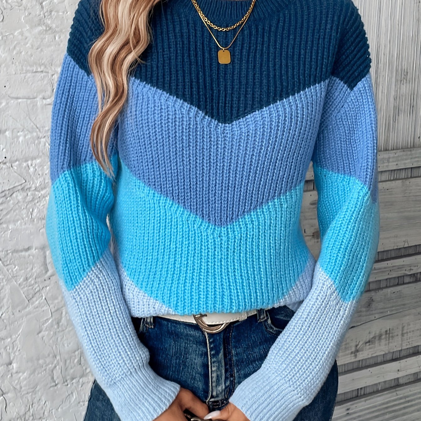 Women's Elegant Color Block Sweater - Soft Long Sleeve Round Neck Pullover with Blue & White Stripes, Cozy Fall Winter Fashion, Versatile Casual to Dressy Outfits, Cute Sweaters, Soft Texture