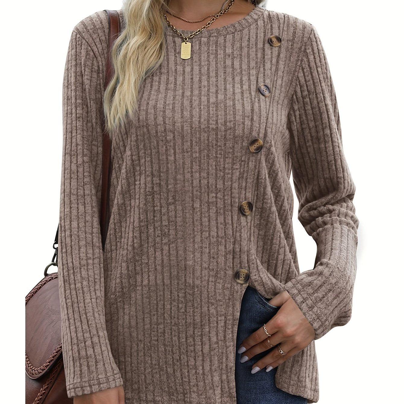 Women's Long Sleeve Crew Neck Tunic Tops Buttons Side Pullover Sweaters Fall Winter