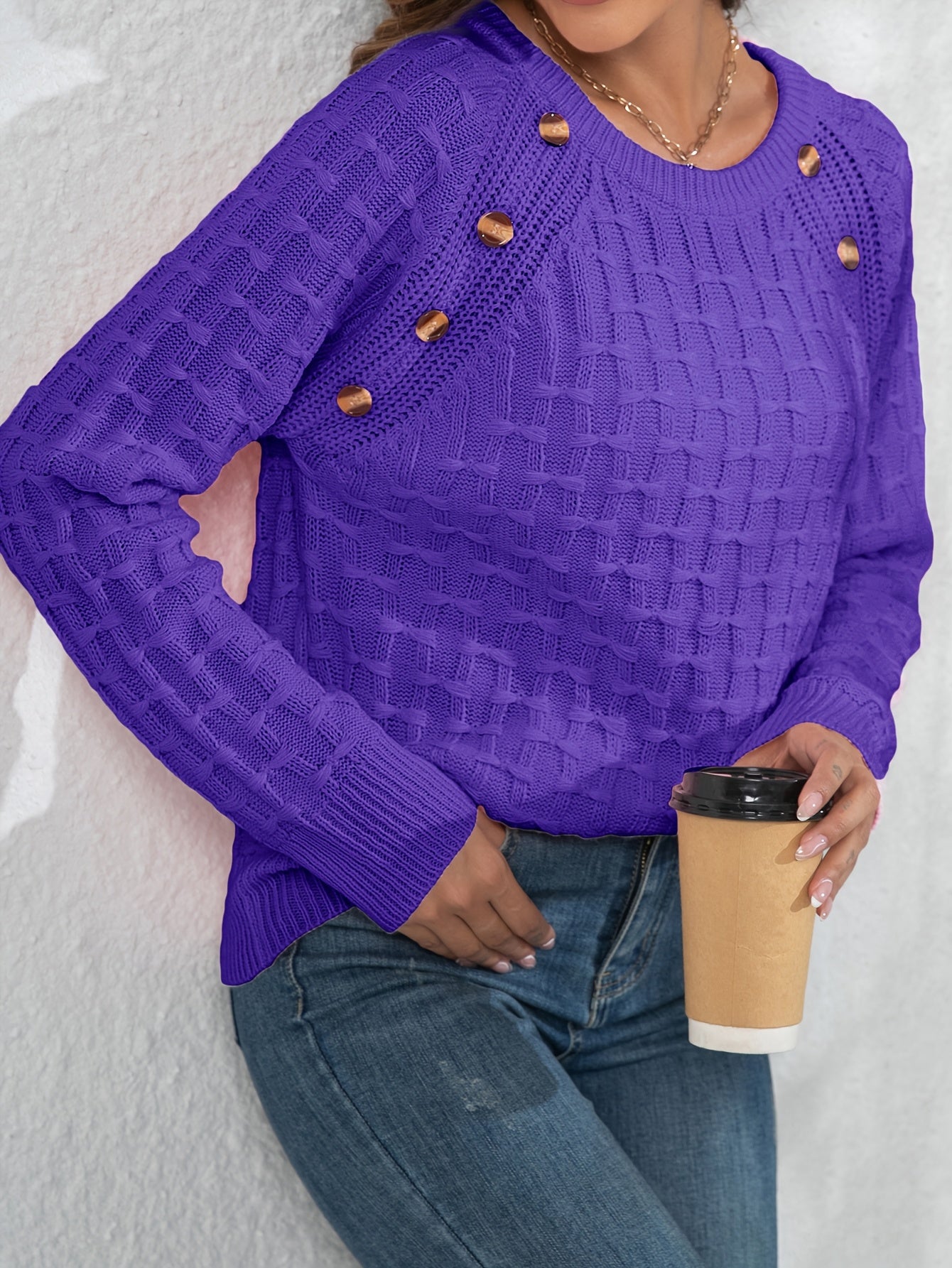 Women's Elegant 3D Bow Button Detail Sweater - Soft Long Sleeve Round Neck Pullover, Solid Color Regular Fit Fall Winter Cozy Top, Cute Sweaters