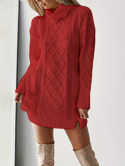 JNQualytrix Women's Elegant Sweater Dress - High Neck Long Sleeve with Double Pockets, Vibrant Red, Cozy Fall Winter Outfit, Chic Casual to Semi-Formal Wear, Ladies Sweaters, Casual to Formal Attire, Sophisticated Style, Comf