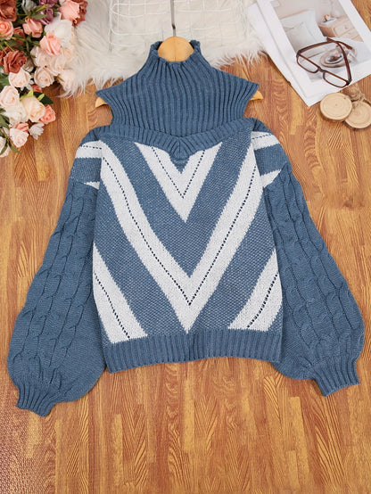 Plus Size Off-Shoulder High Neck Cable- Sweater - Striped Grey & White Pullover, Machine Washable Spring/Fall Women's Fashion, Resort Style Elegant Knitwear, Cute Sweaters, Transitional Casual Wear, Trendy Knitwear, Durable W
