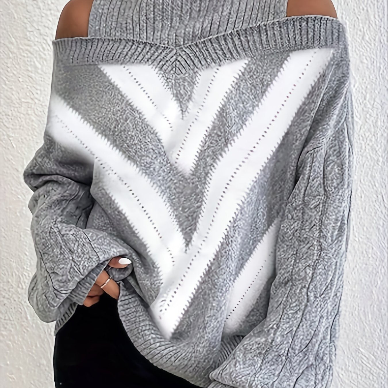 Plus Size Off-Shoulder High Neck Cable- Sweater - Striped Grey & White Pullover, Machine Washable Spring/Fall Women's Fashion, Resort Style Elegant Knitwear, Cute Sweaters, Transitional Casual Wear, Trendy Knitwear, Durable W