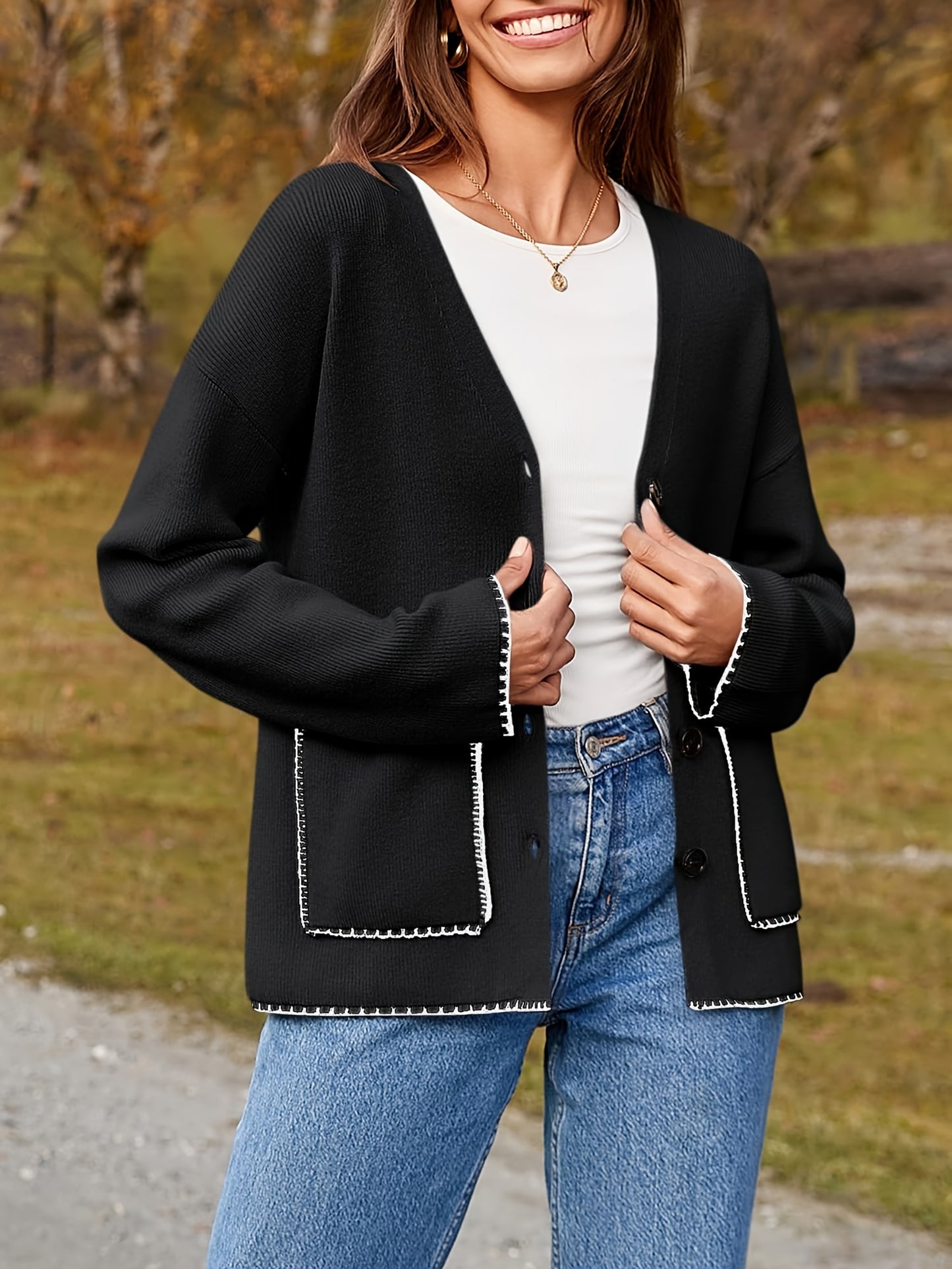 Womens Button Up Cardigan Sweaters Fall Trendy Knit Open Front Casual Loose Sweater Coat With Pockets