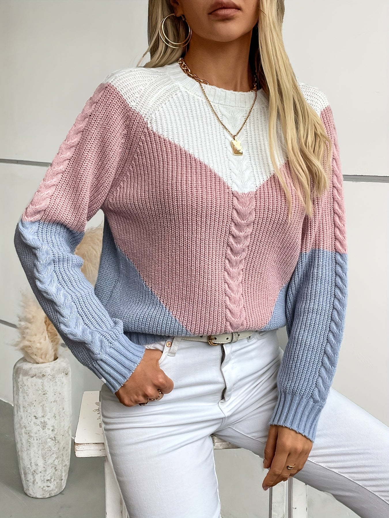 [Cute Sweaters] Soft Geometric Color-Block Round Neck Pullover Sweater | Women's Long Sleeve Casual Chic Fall Winter Top in Pink & Blue Tones