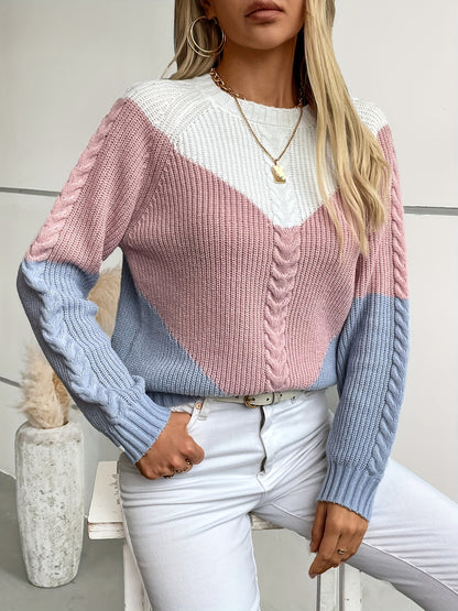 [Cute Sweaters] Soft Geometric Color-Block Round Neck Pullover Sweater | Women's Long Sleeve Casual Chic Fall Winter Top in Pink & Blue Tones