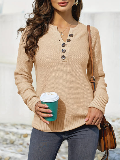 Women's Casual V-Neck Button Down Long Sleeve Ribbed Knit Loose Henley Tunic Sweaters Fall Pullover Jumper Tops