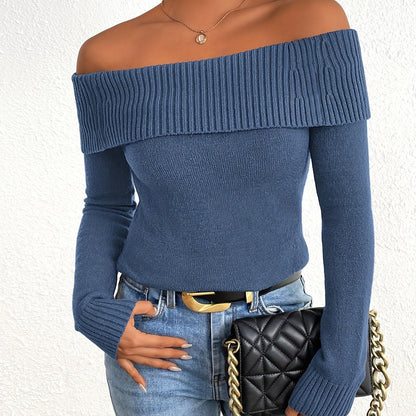 Long Sleeve Y2K Off Shoulder Ribbed Knit Fitted Pullover Women's Fall Sweaters Tops Blouse
