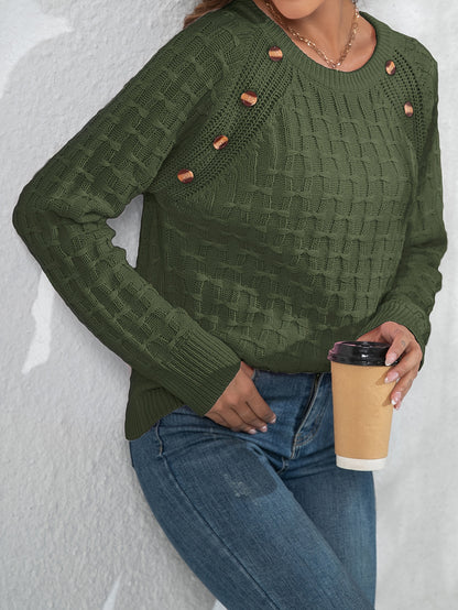 Women's Elegant 3D Bow Button Detail Sweater - Soft Long Sleeve Round Neck Pullover, Solid Color Regular Fit Fall Winter Cozy Top, Cute Sweaters