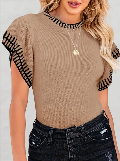 Womens Short Sleeve Sweaters Tops Summer Ruffle Striped Loose Crew Neck Lightweight Soft Shirts Knit Sweater