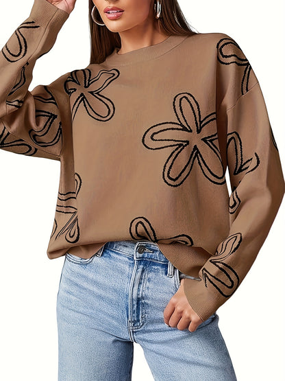 Long Sleeve Floral Print Cable Knit Casual Crewneck Sweaters For Women Pullover Sweater Tops