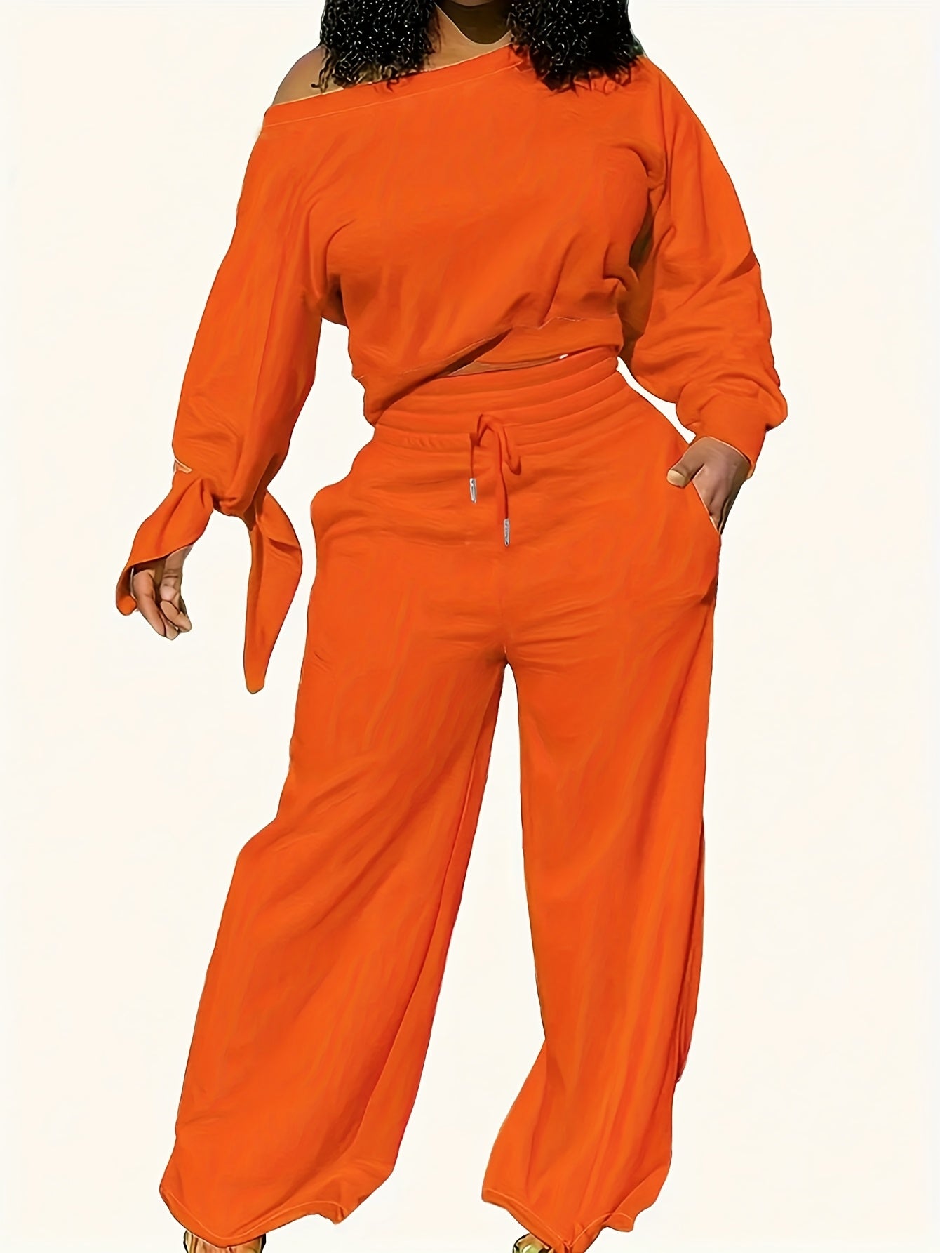 Women'S Solid Color Casual 2pcs Set, Women'S Spring And Autumn Casual Asymmetry, Drawstring, Pocket Three-quarter Length Sleeve Loose Black Bat Sleeve Sweatshirt Sweatpants Women'S Two-piece Outfit, Casual Everyday Wear