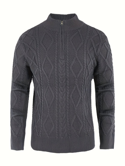 Runcati Mens Quarter-Zip Sweater Cable Knitted Stand Collar Pullover Soft Casual Thermal Twisted Knitwear Sweaters
