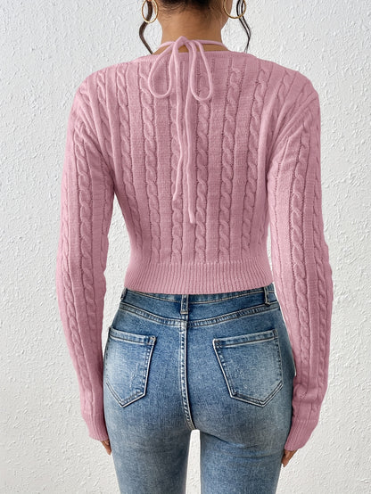 Women's Slim Fit Tie-Front Ombre Colorblock Sweater - Sleeve Top with Back Tie Detail, Pastel Pink to Blue Gradient for Spring/Fall, Cute Sweaters, Casual Wear, Breathable Material, Stylish Pullover, Styleconscious Buyers