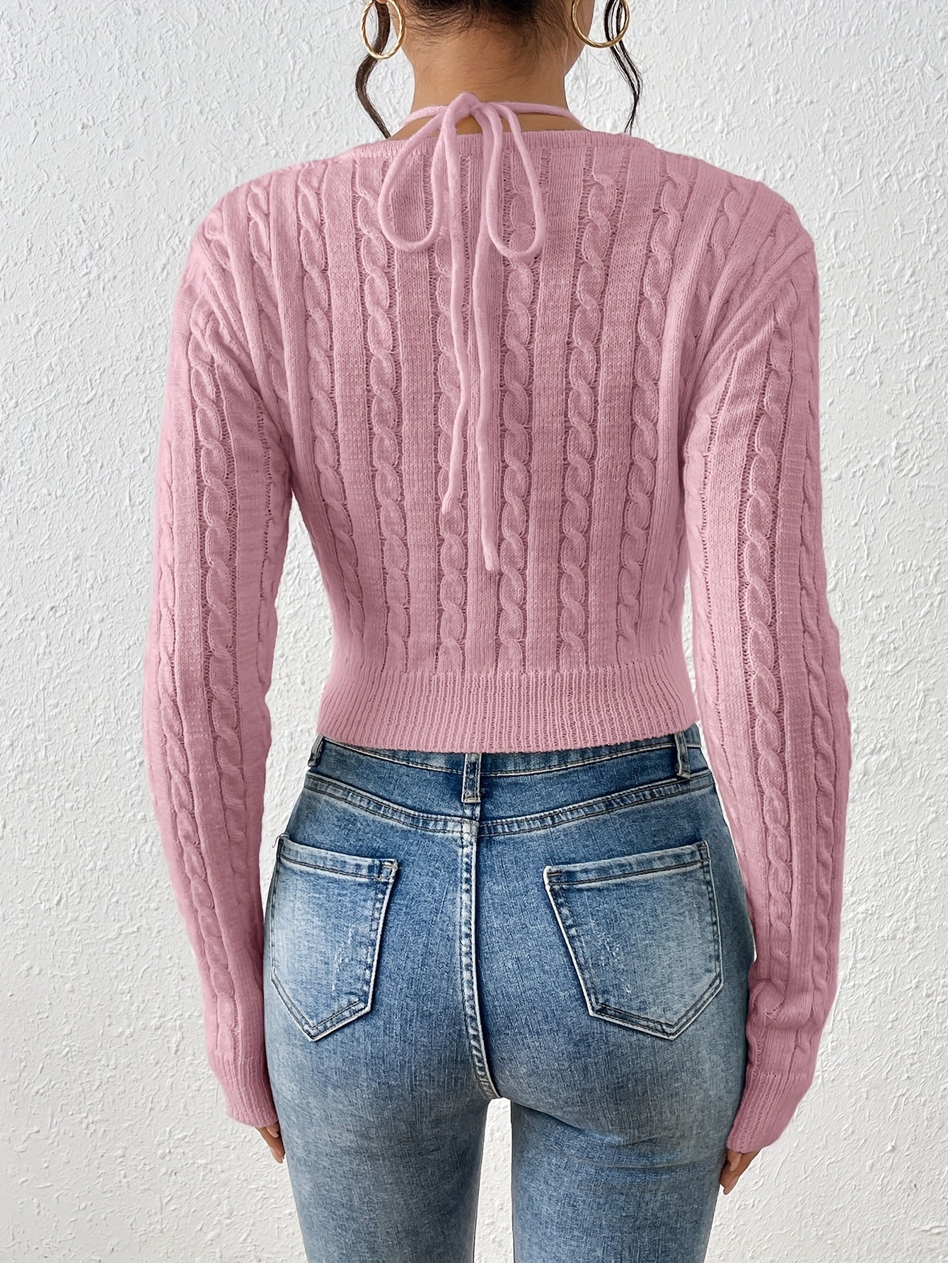 Women's Slim Fit Tie-Front Ombre Colorblock Sweater - Sleeve Top with Back Tie Detail, Pastel Pink to Blue Gradient for Spring/Fall, Cute Sweaters, Casual Wear, Breathable Material, Stylish Pullover, Styleconscious Buyers
