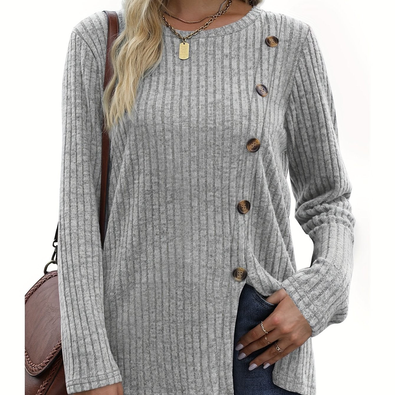 Women's Long Sleeve Crew Neck Tunic Tops Buttons Side Pullover Sweaters Fall Winter