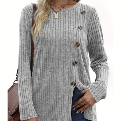 Women's Long Sleeve Crew Neck Tunic Tops Buttons Side Pullover Sweaters Fall Winter