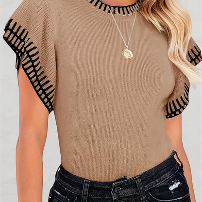 Womens Short Sleeve Sweaters Tops Summer Ruffle Striped Loose Crew Neck Lightweight Soft Shirts Knit Sweater