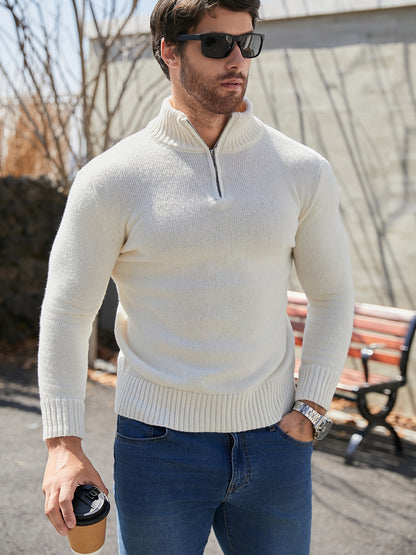 Men's Casual Zip-Up High Neck Sweater - Long Sleeve, Stretch Knit Pullover in Light Color, Machine Washable for Fall/Winter, Plus Size Sweaters