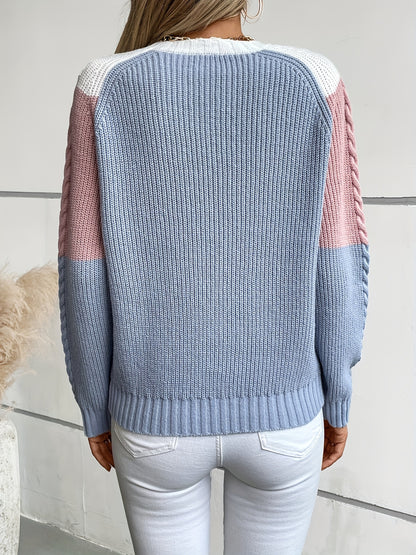 [Cute Sweaters] Soft Geometric Color-Block Round Neck Pullover Sweater | Women's Long Sleeve Casual Chic Fall Winter Top in Pink & Blue Tones