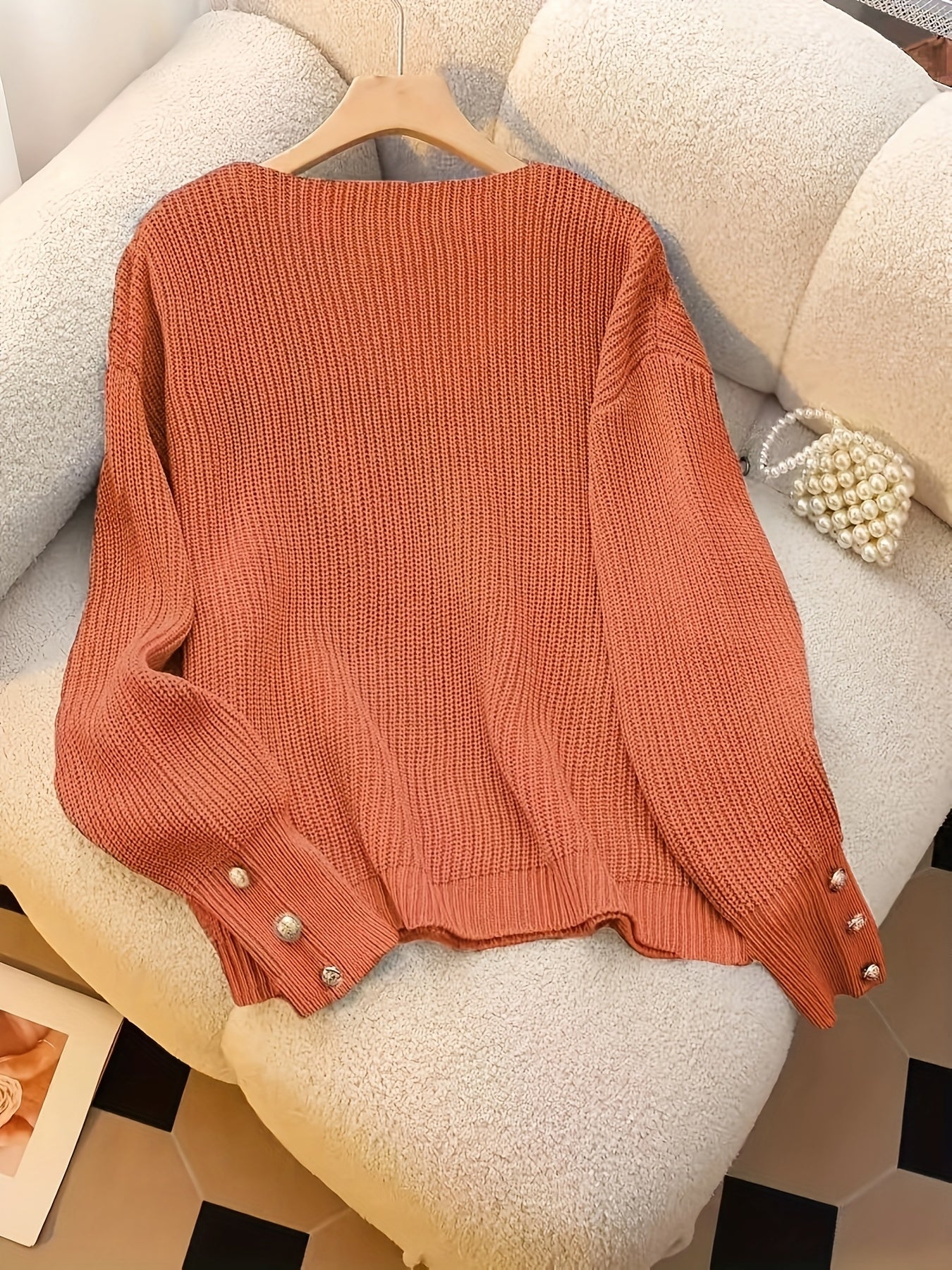 Women's Light Blue V-Neck Ribbed Sweater - Elegant Long Sleeve Pullover with Faux Button Detail, Machine Washable Fall Winter Top for Casual & Formal Wear, Cute Sweaters, Seasonal Wardrobe, Classic Knitwear, Quality Stitching