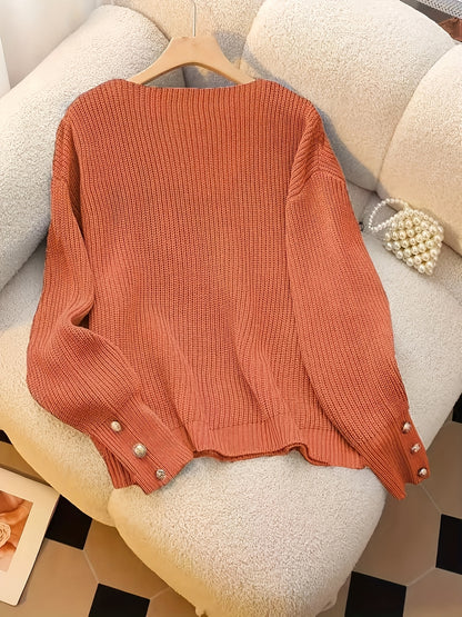 Women's Light Blue V-Neck Ribbed Sweater - Elegant Long Sleeve Pullover with Faux Button Detail, Machine Washable Fall Winter Top for Casual & Formal Wear, Cute Sweaters, Seasonal Wardrobe, Classic Knitwear, Quality Stitching