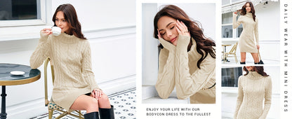 Womens Cable Knit Sweater Dress Sexy Long Sleeve Bodycon Turtleneck Mini Fall Sweaters Dresses