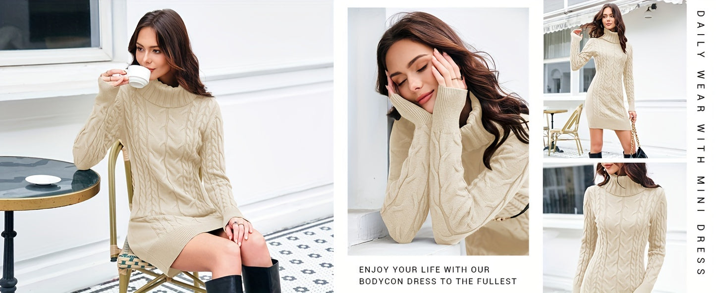 Womens Cable Knit Sweater Dress Sexy Long Sleeve Bodycon Turtleneck Mini Fall Sweaters Dresses