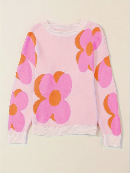 Women's Floral Jacquard Sweater - Bright Pink Oversized Pullover with Orange & White Floral Pattern, Round Neck Long Sleeve Cozy Fall Winter Casual Chic Wardrobe Essential, Ladies Sweaters