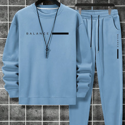 2-Piece Mens Balance Graphic Print Sweatshirt & Sweatpants Set - Sweatsuits with Loose Crew Neck, Drawstring Waist, Long Sleeve, and Outdoor Comfort