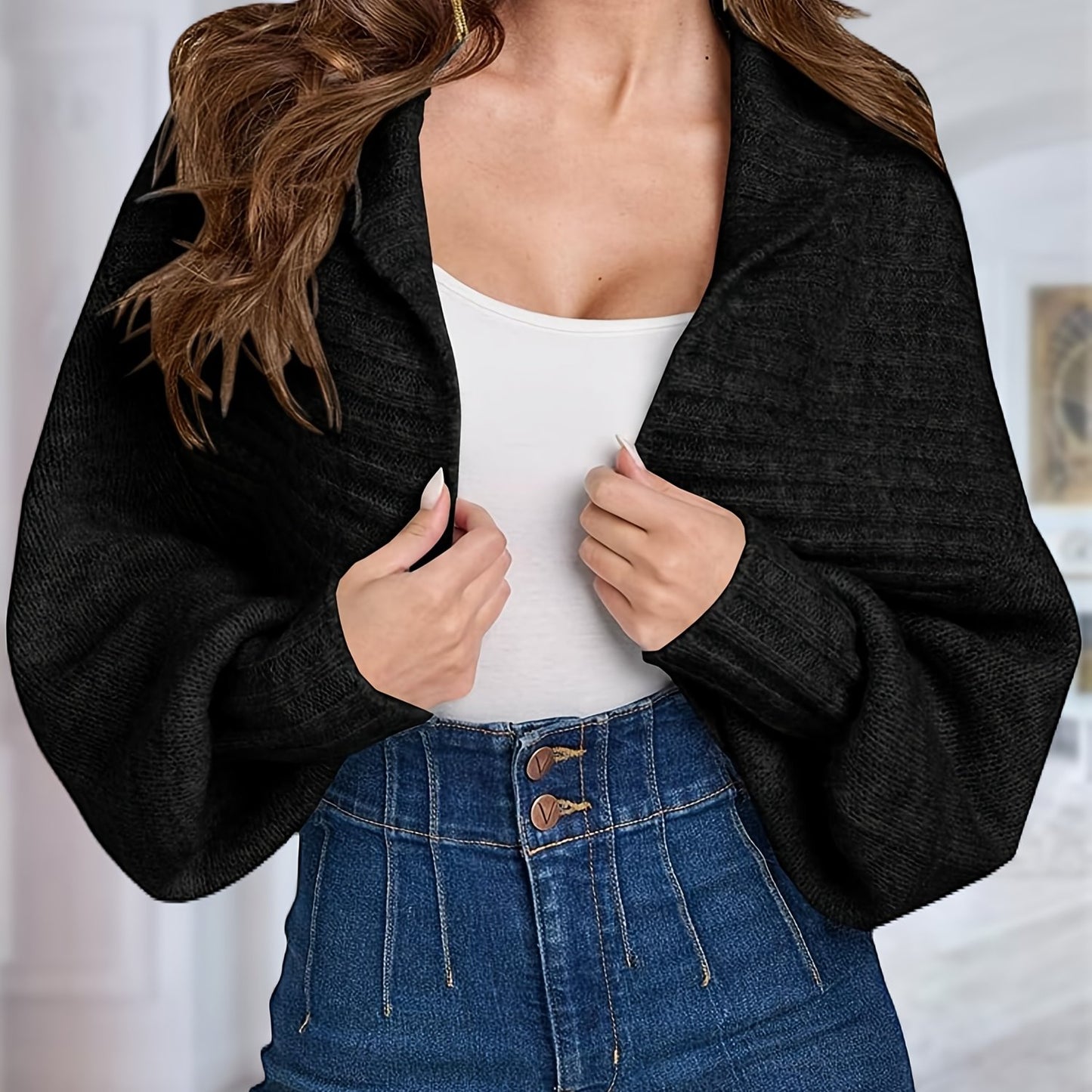 Womens Crop Long Lantern Sleeve Cardigan Sweaters Fashion Lapel Short Bolero Shrugs Casual Open Front Knit Top