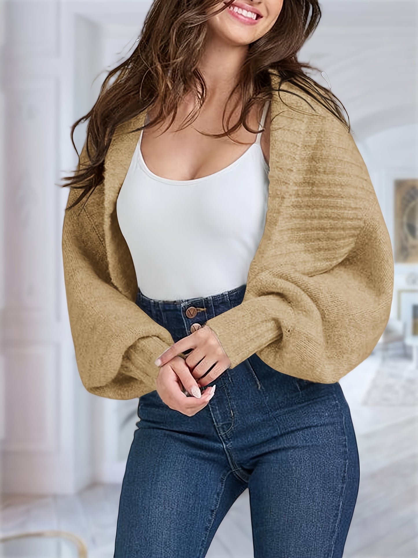 Womens Crop Long Lantern Sleeve Cardigan Sweaters Fashion Lapel Short Bolero Shrugs Casual Open Front Knit Top