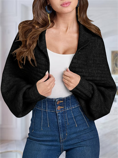Womens Crop Long Lantern Sleeve Cardigan Sweaters Fashion Lapel Short Bolero Shrugs Casual Open Front Knit Top