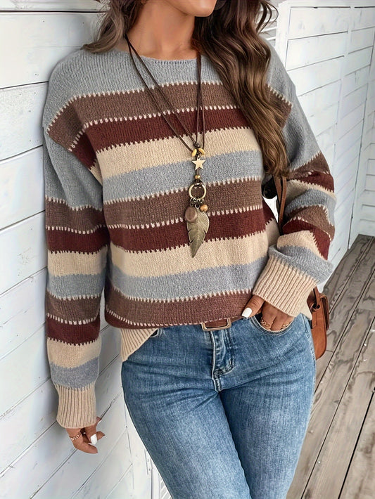 Women's Vintage Casual Sweater - Soft Medium-Stretch Round Neck Long Sleeve, Horizontal Striped Loose Fit Pullover for All-Season Comfort & Everyday Elegance, Cute Sweaters, Elegant Layering Piece, Durable Knitwear