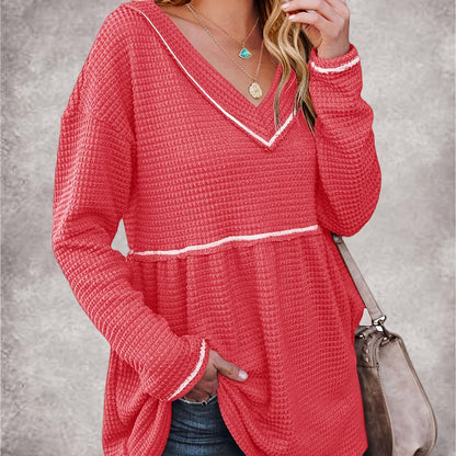 Womens V Neck Waffle Tunic Top Long Sleeve Peplum Pullover Babydoll Casual Flowy Swing Tshirts Pullover Sweaters