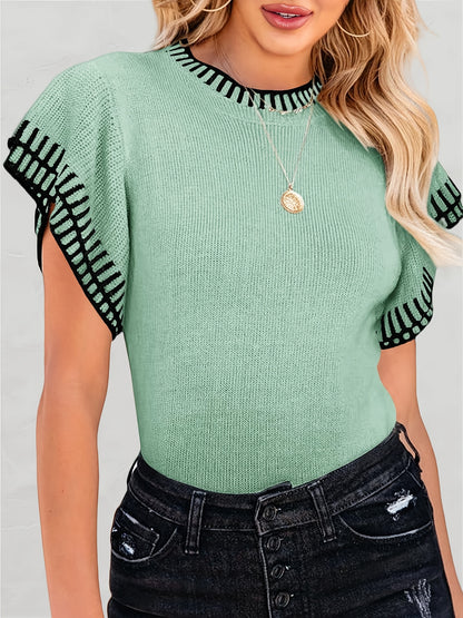 Womens Short Sleeve Sweaters Tops Summer Ruffle Striped Loose Crew Neck Lightweight Soft Shirts Knit Sweater