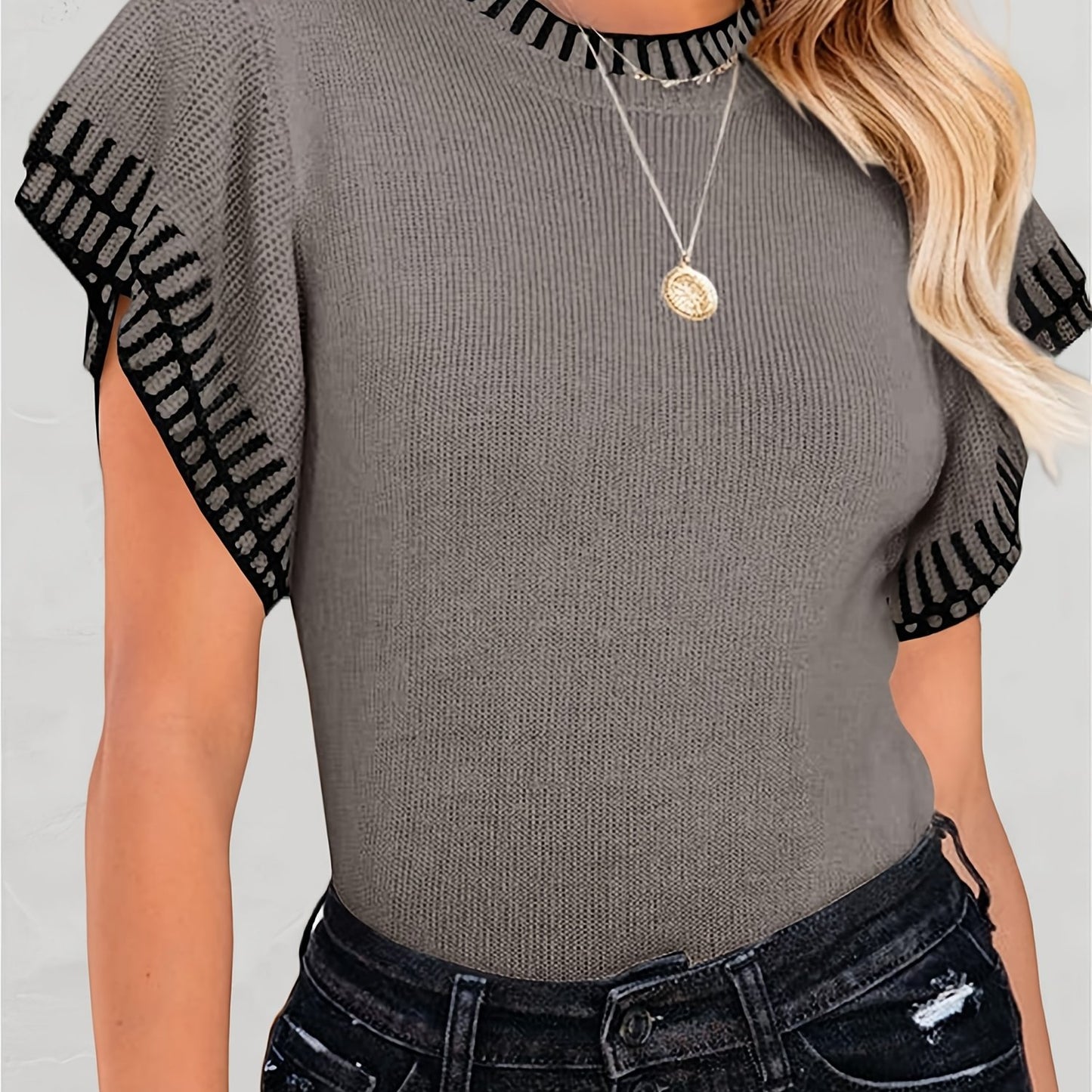 Womens Short Sleeve Sweaters Tops Summer Ruffle Striped Loose Crew Neck Lightweight Soft Shirts Knit Sweater