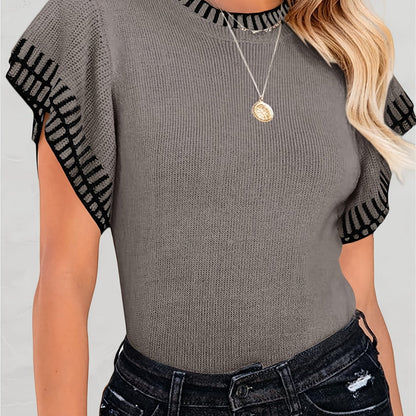 Womens Short Sleeve Sweaters Tops Summer Ruffle Striped Loose Crew Neck Lightweight Soft Shirts Knit Sweater