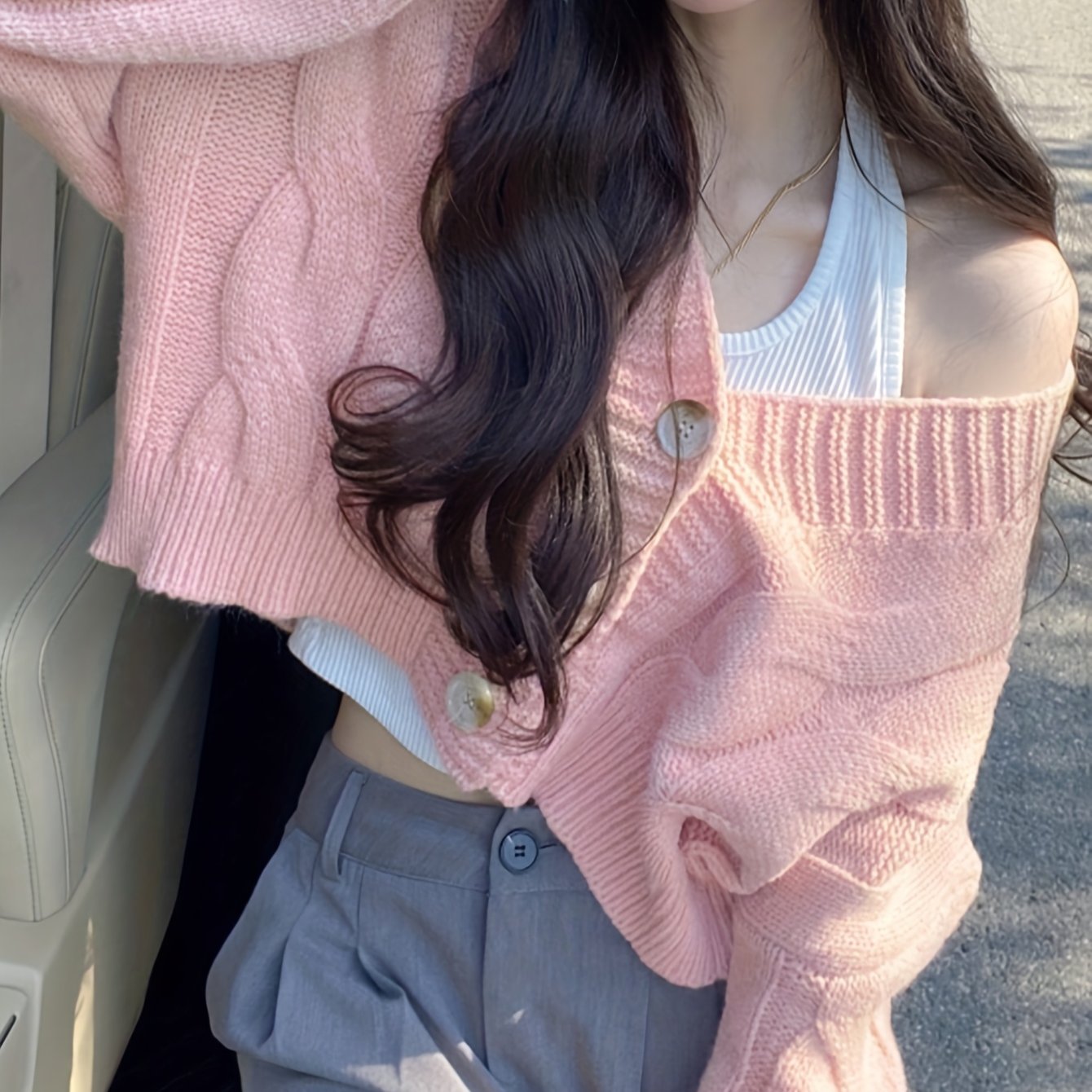 Women's Casual V-Neck Cropped Sweater - High Elasticity Long Sleeve Open Front Button Detail, Loose Fit Solid Color Spring/Fall Layering Essential, Cute Sweaters, Comfortable Knitwear, Durable Knitwear